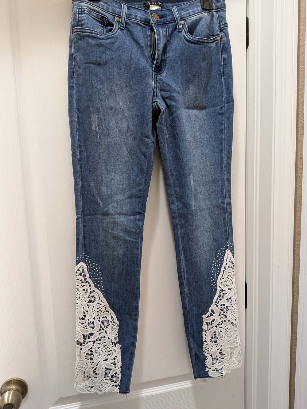 Venus Women’s Blue Denim Jeans with Rhinestones And White Lace Trim